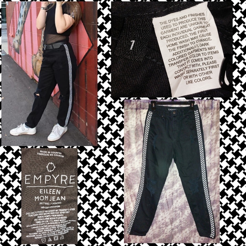 Empyre brand Black & White Eileen Checkerboard Stripe Black Mom Jeans Sz 1